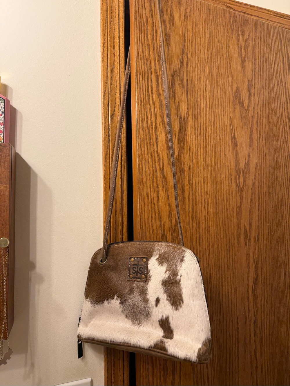 STS Ranchwear Brown and White Cowhide Crossbody with Leather Trim
